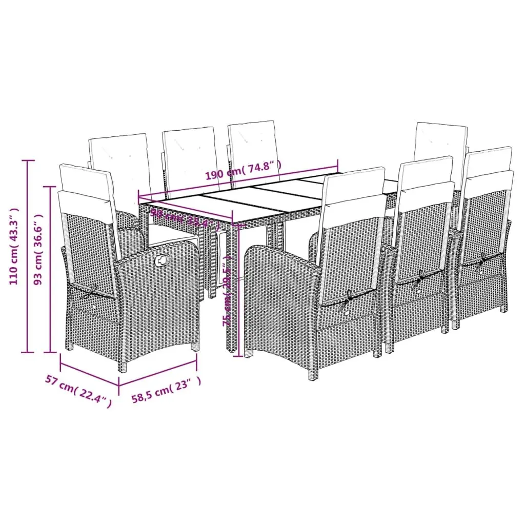 9 Piece Black Poly Rattan Outdoor Dining Set