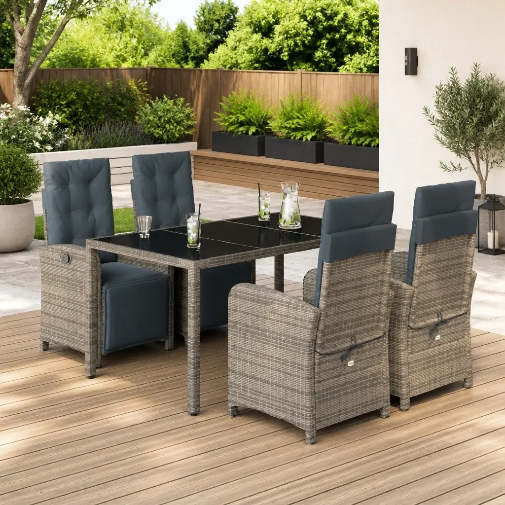 5-Piece Grey Poly Rattan Dining Set with Cushions