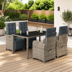 5-Piece Grey Poly Rattan Dining Set with Cushions