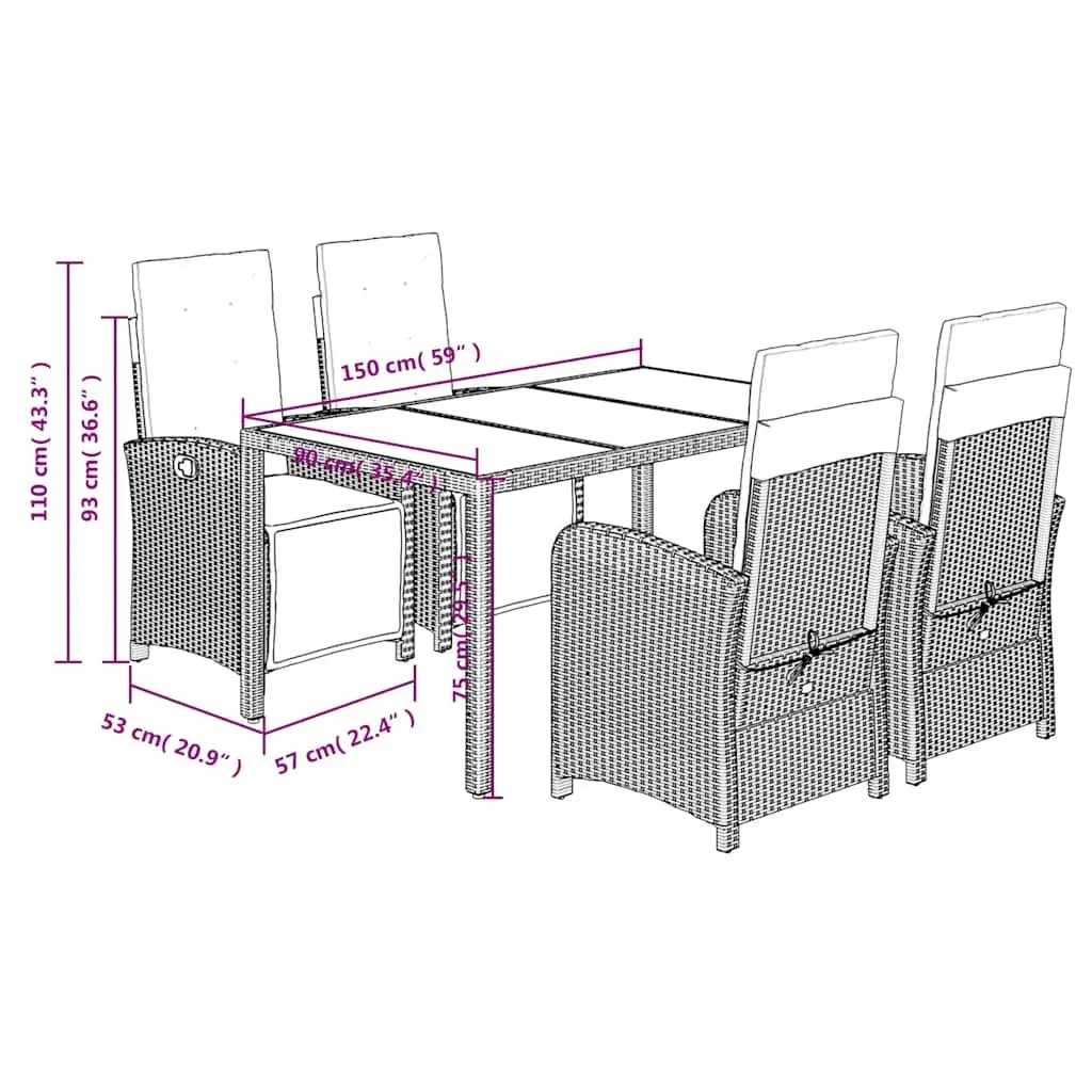 5-Piece Grey Poly Rattan Dining Set with Cushions