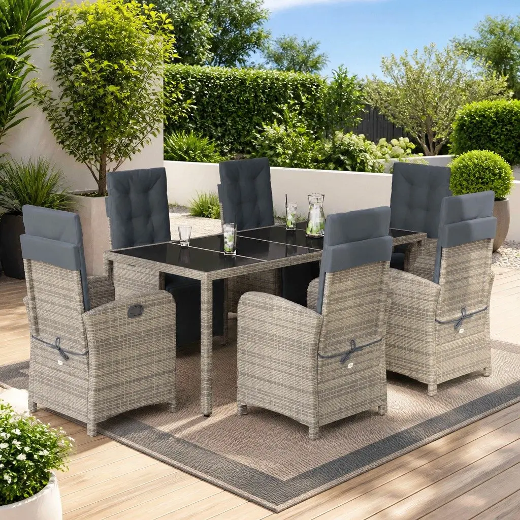 7 Piece Grey Poly Rattan Dining Set with Cushions