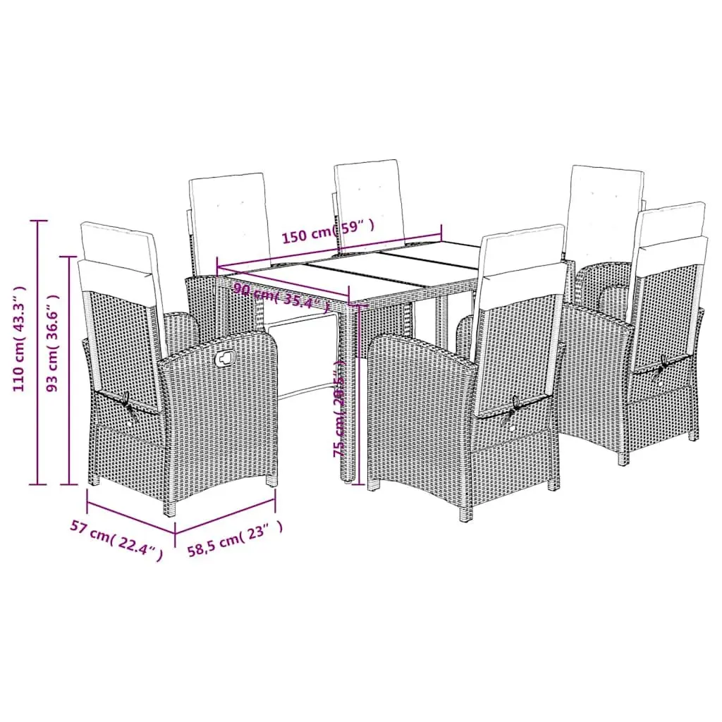 7 Piece Grey Poly Rattan Dining Set with Cushions