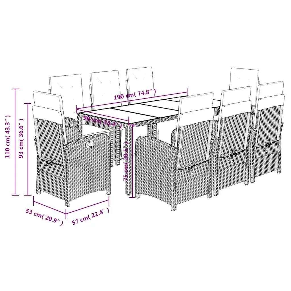 9 Piece Garden Dining Set Poly Rattan Grey Chairs Table Cushions