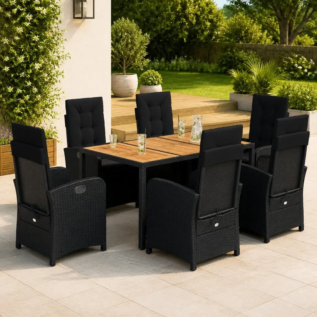 7 Piece Outdoor Dining Set PE Rattan Black with Cushions Acacia Wood Table