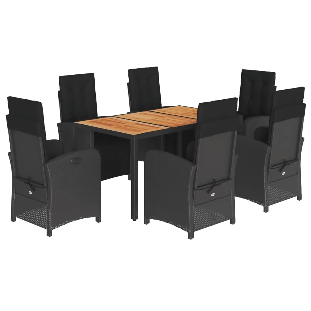 7 Piece Outdoor Dining Set PE Rattan Black with Cushions Acacia Wood Table