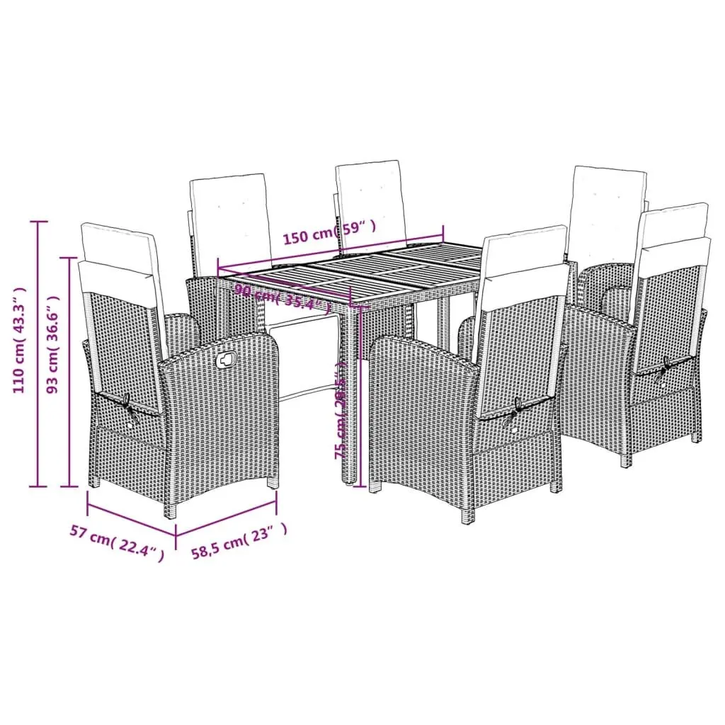 7 Piece Outdoor Dining Set PE Rattan Black with Cushions Acacia Wood Table