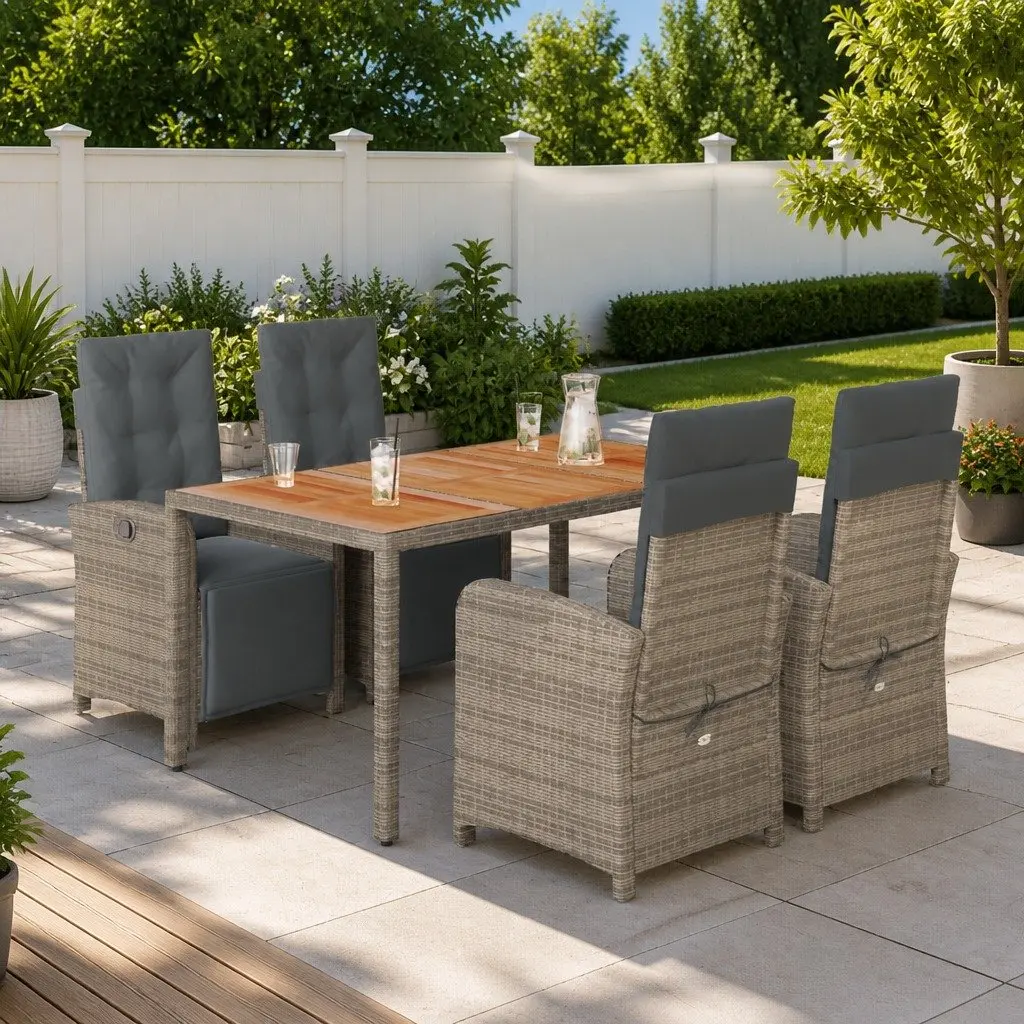 Garden Dining Set Poly Rattan Acacia Wood Table and Chairs 5 Piece Grey