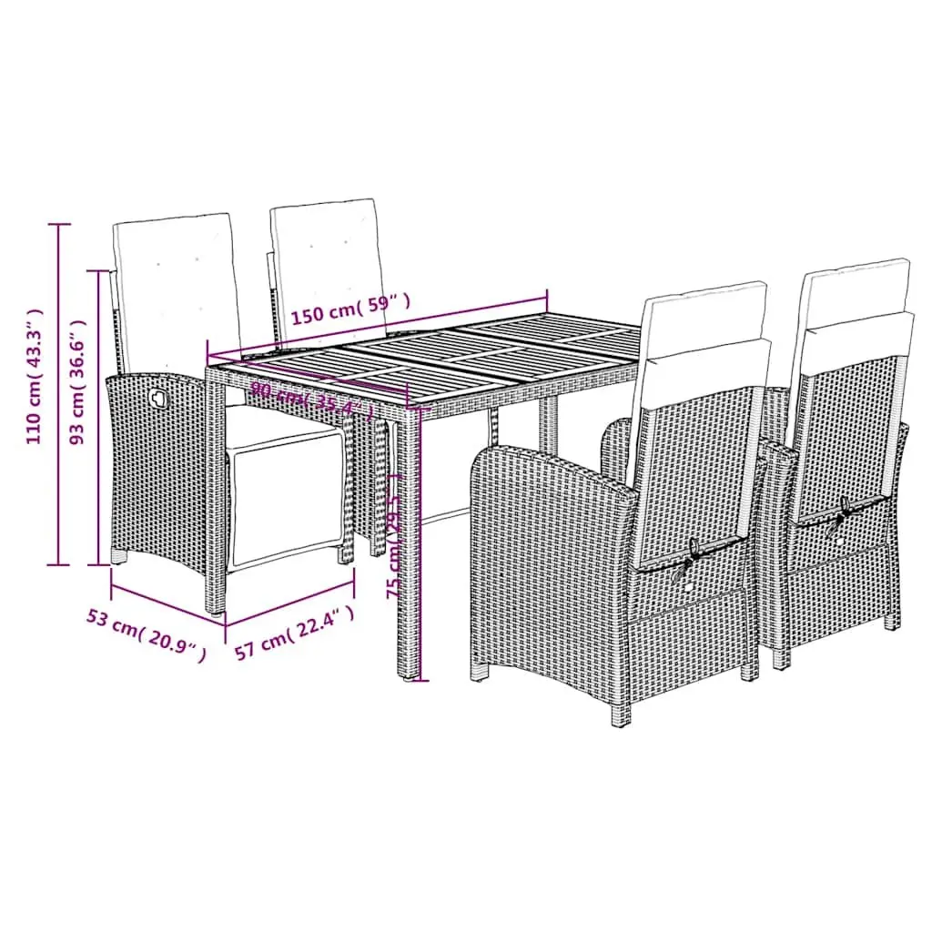 Garden Dining Set Poly Rattan Acacia Wood Table and Chairs 5 Piece Grey