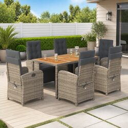 Stylish 7-Piece Grey Poly Rattan Dining Set for Outdoors