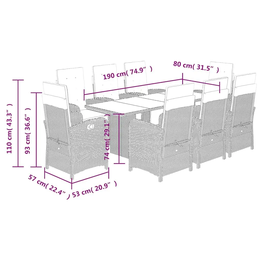 9 Piece Grey Garden Dining Set with Cushions