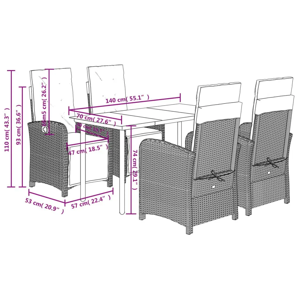5 Piece Garden Dining Set PE Poly Rattan Black with Cushions