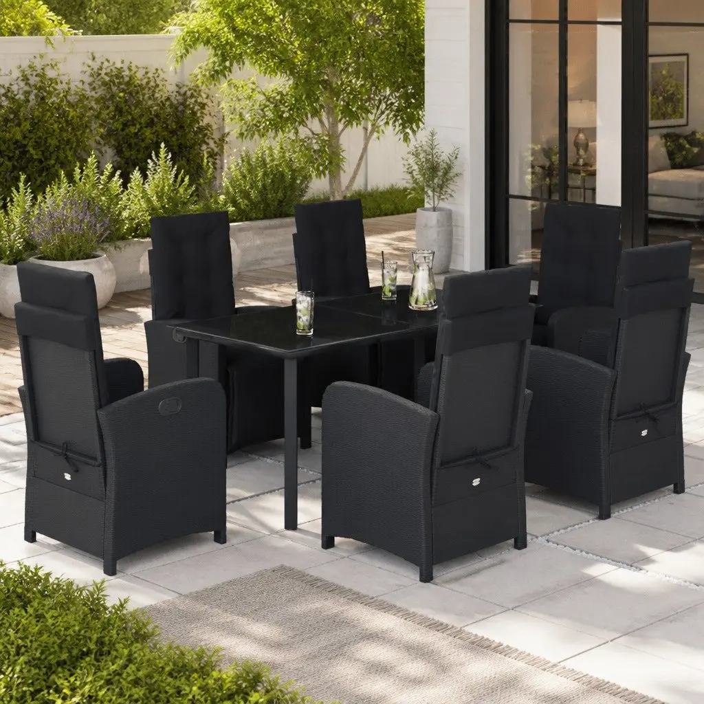 7 Piece Black Poly Rattan Garden Dining Set