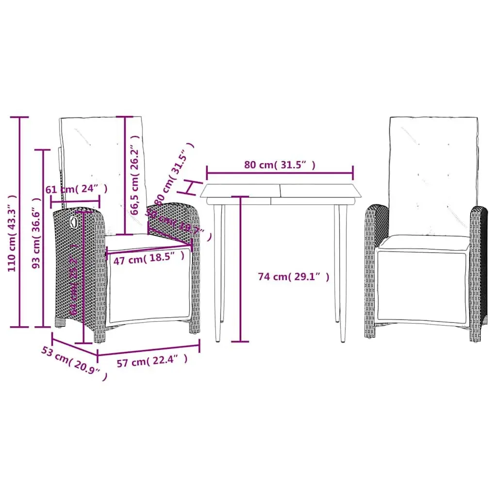 Outdoor Bistro Set PE Rattan 3 Piece Grey with Cushions
