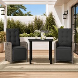 3 Piece Grey Poly Rattan Outdoor Bistro Set with Cushions