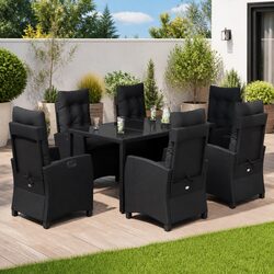 7 Piece Garden Dining Set with Cushions in Black Rattan