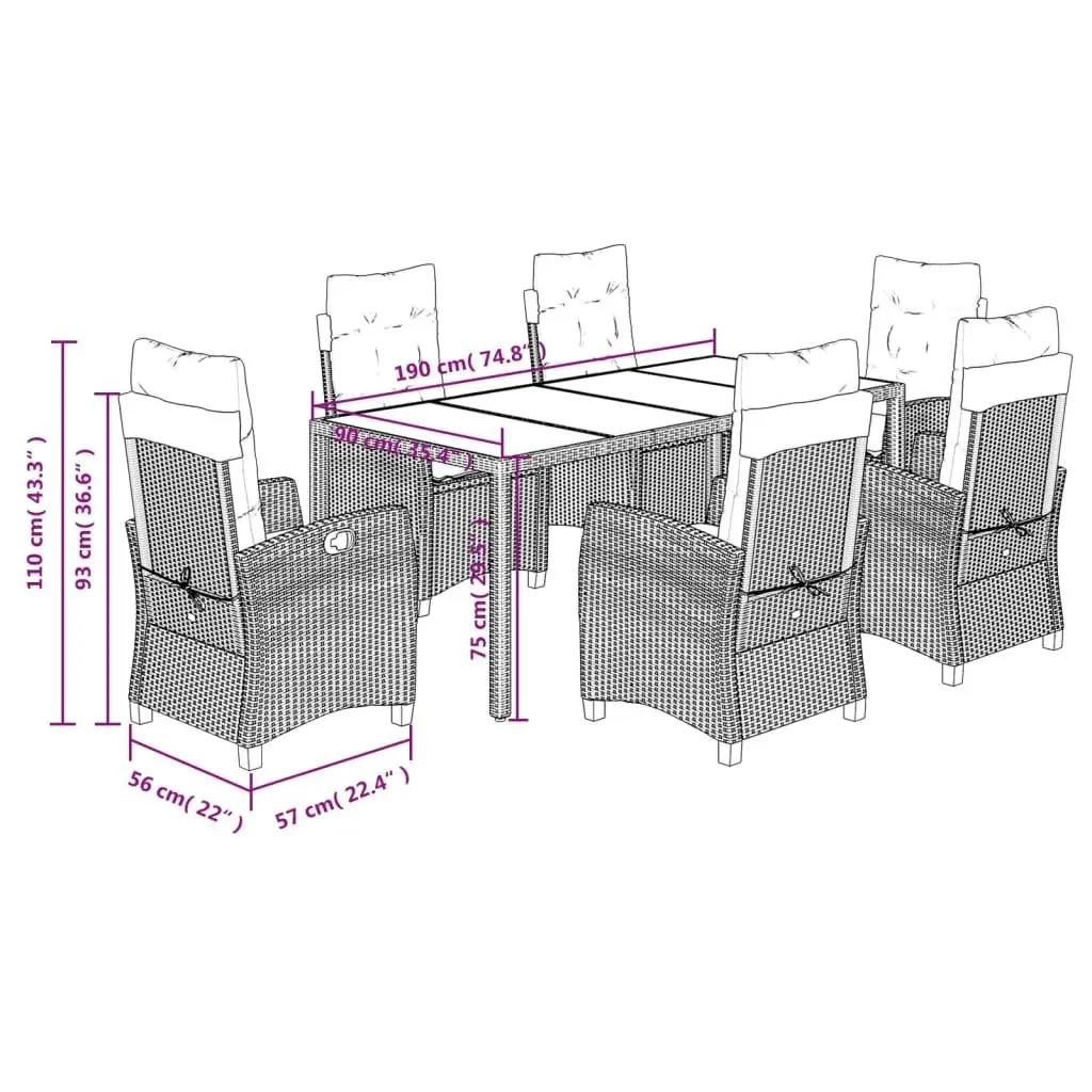 7 Piece Outdoor Garden Dining Set PE Rattan Black Cushions