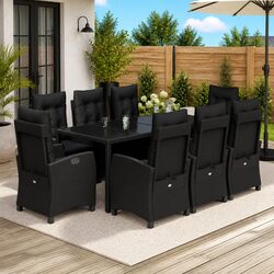 9 Piece Outdoor Dining Set with Black Poly Rattan Chairs