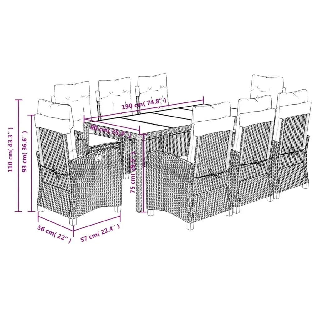 9 Piece Outdoor Dining Set with Black Poly Rattan Chairs
