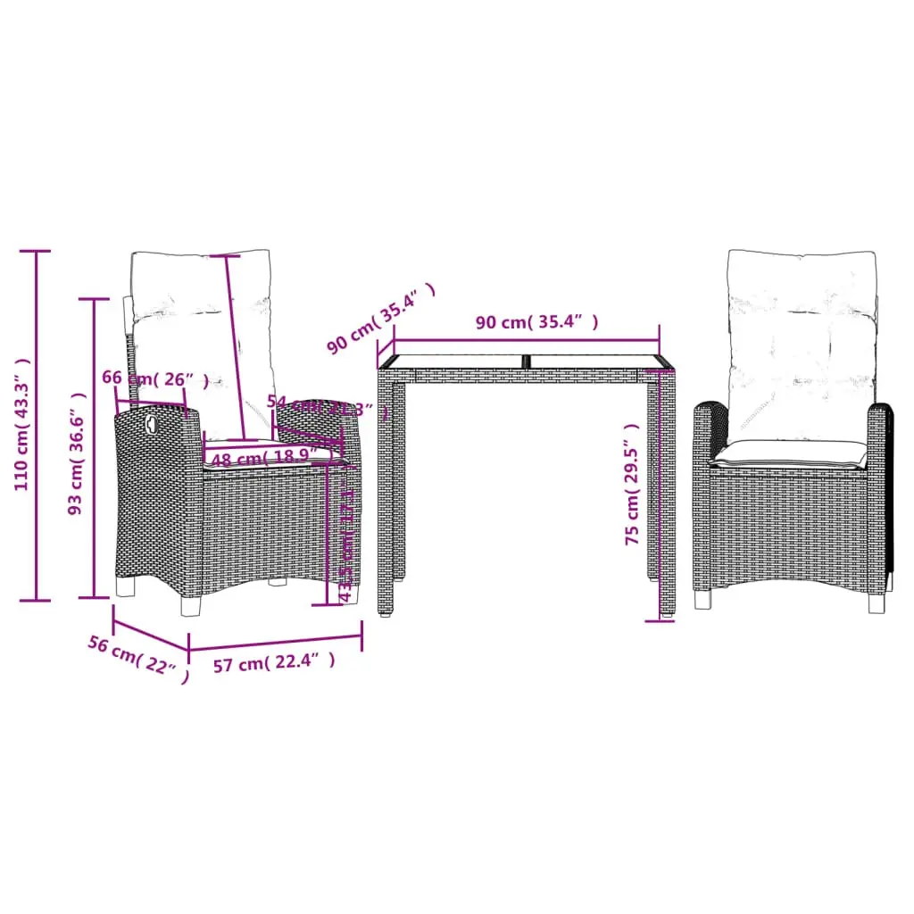 Black Rattan 3 Piece Outdoor Garden Dining Set