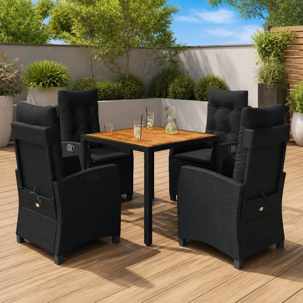 Outdoor Dining Set PE Rattan 5 Piece Black with Cushions