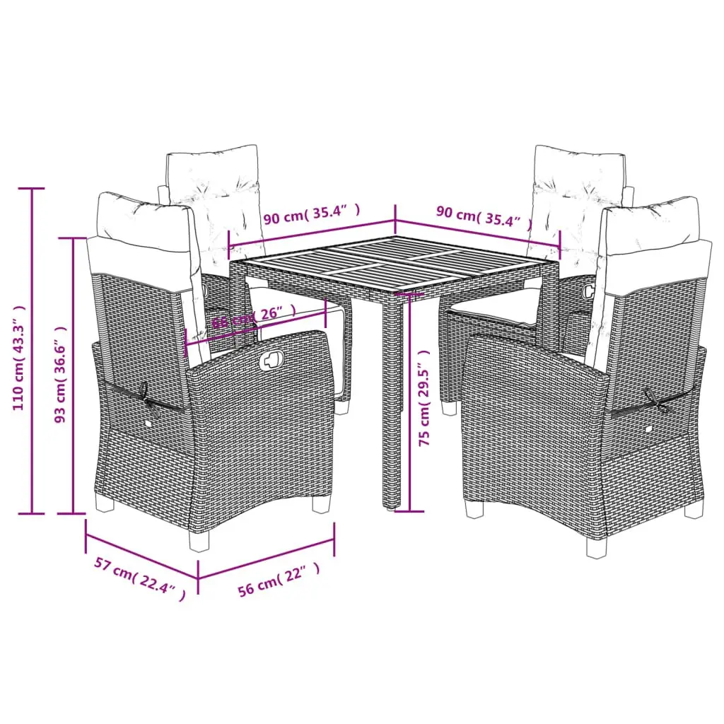 Garden Dining Set PE Rattan 5 Piece Outdoor Furniture Black with Cushions