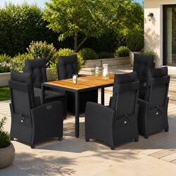 Black Poly Rattan Garden Dining Set with Cushions - 7 Piece