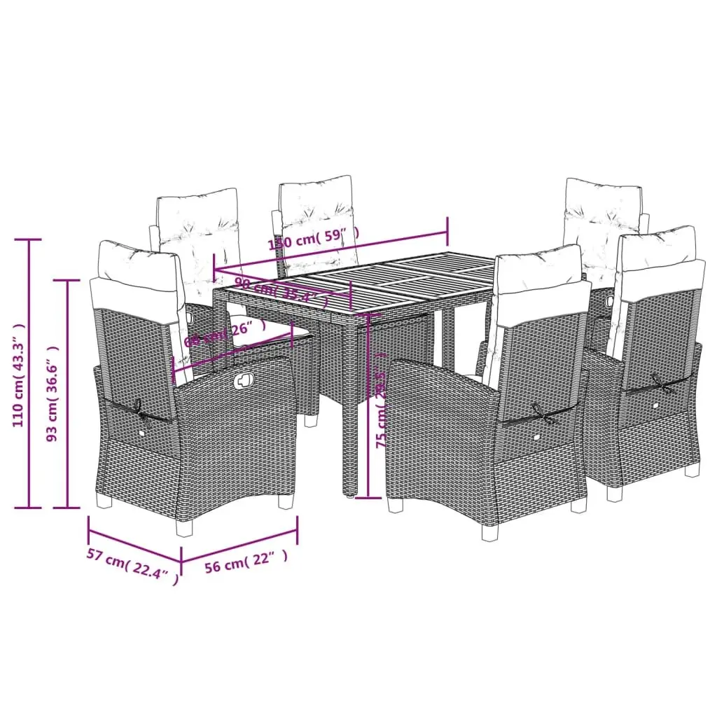 Outdoor Dining Set 7 Piece Black Poly Rattan Garden Furniture with Cushions