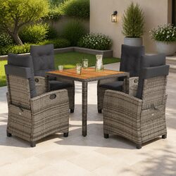 5-Piece Outdoor Grey Rattan Dining Set with Cushions