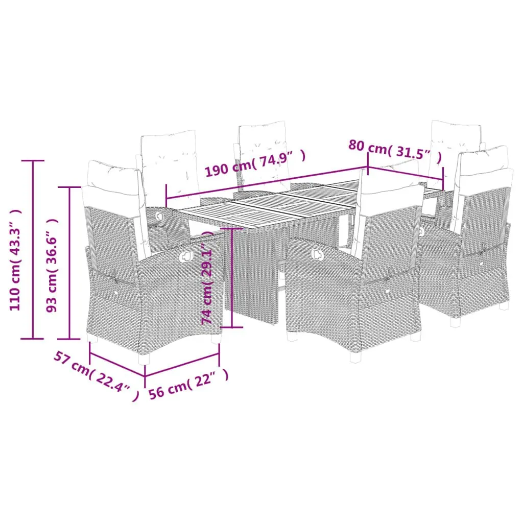 7 Piece Outdoor Garden Dining Set PE Rattan Black Chairs Table with Cushions