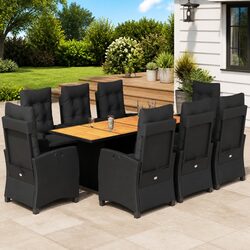 Black Poly Rattan Outdoor Dining Set - 9 Piece with Cushions