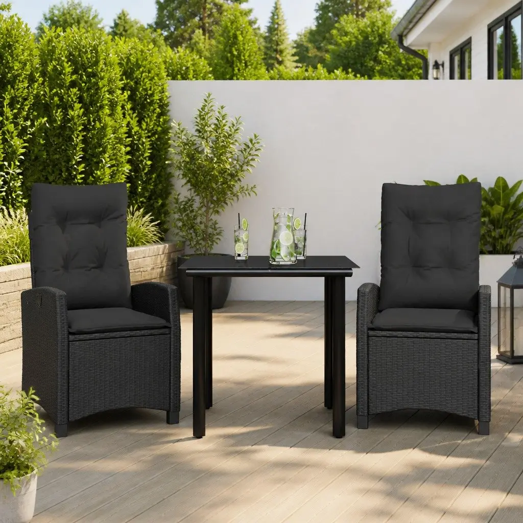 Black Poly Rattan 3 Piece Garden Dining Set with Adjustable Backrest
