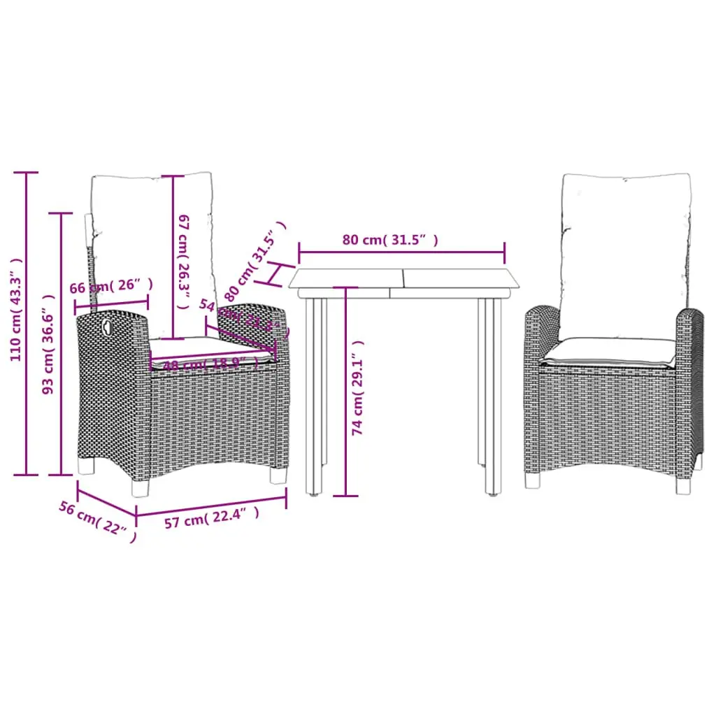 Black Poly Rattan 3 Piece Garden Dining Set with Adjustable Backrest