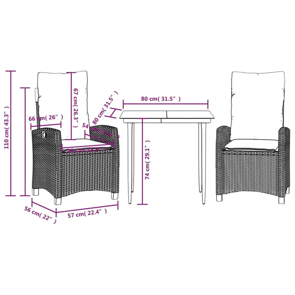 Garden Dining Set PE Rattan 3 Piece Grey with Cushions
