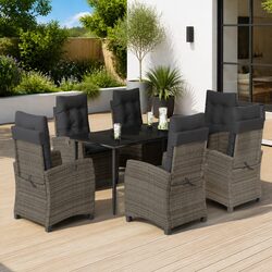 7-Piece Grey Poly Rattan Garden Dining Set with Cushions
