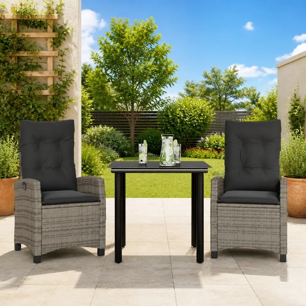 3 Piece Grey Garden Dining Set with Glass Table