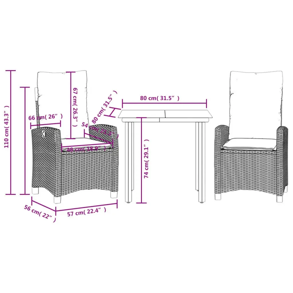 3 Piece Grey Garden Dining Set with Glass Table