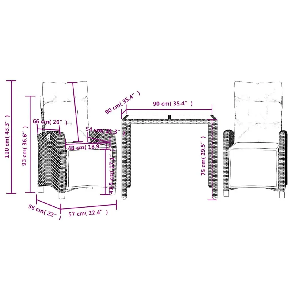 3 Piece Black Garden Dining Set with Cushions
