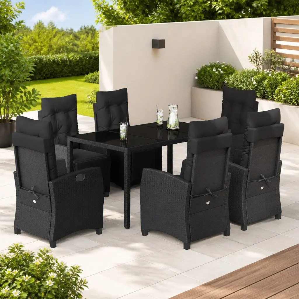 Outdoor Dining Set PE Rattan 7 Piece Garden Furniture Black Table Chairs