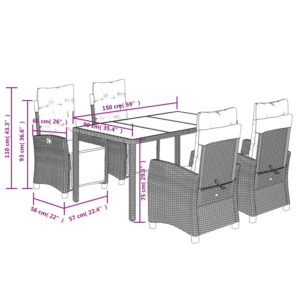 Garden Dining Set PE Rattan 5 Piece Outdoor Furniture Grey with Cushions