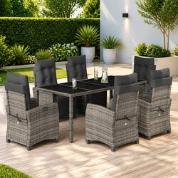 Grey Poly Rattan 7 Piece Outdoor Dining Set with Cushions