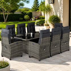 Sturdy 9-Piece Grey Poly Rattan Garden Dining Set