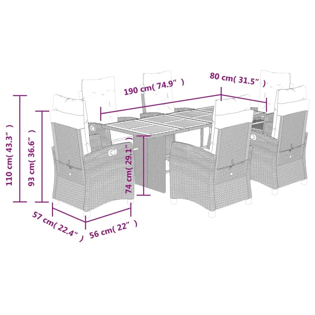 7 Piece Garden Dining Set Outdoor Furniture Black PE Rattan Cushioned Chairs