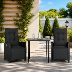 3 Piece Black Poly Rattan Garden Dining Set with Cushions