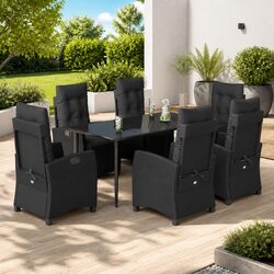 7 Piece Outdoor Dining Set with Cushions - Black Poly Rattan