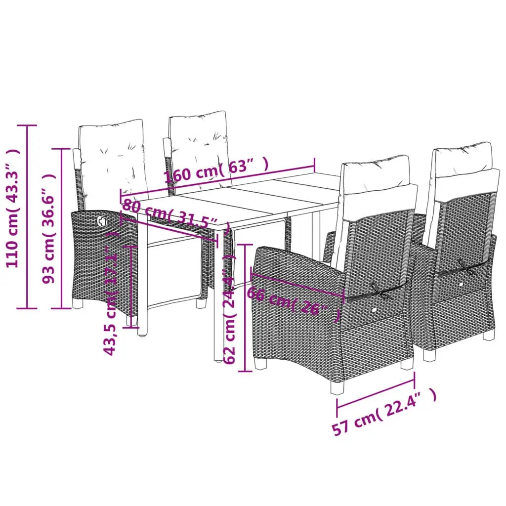 5 Piece Black Poly Rattan Outdoor Dining Set