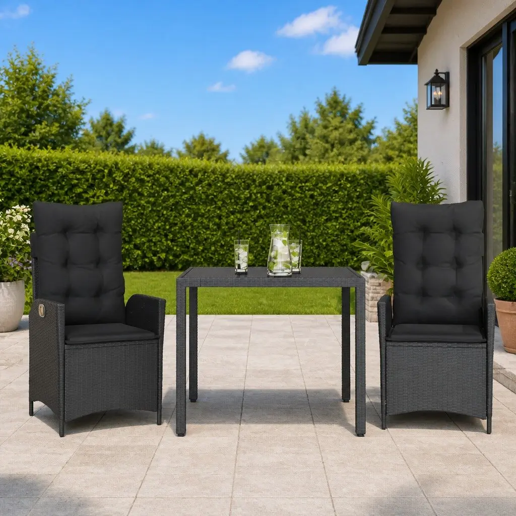 3 Piece PE Rattan Outdoor Dining Set in Black