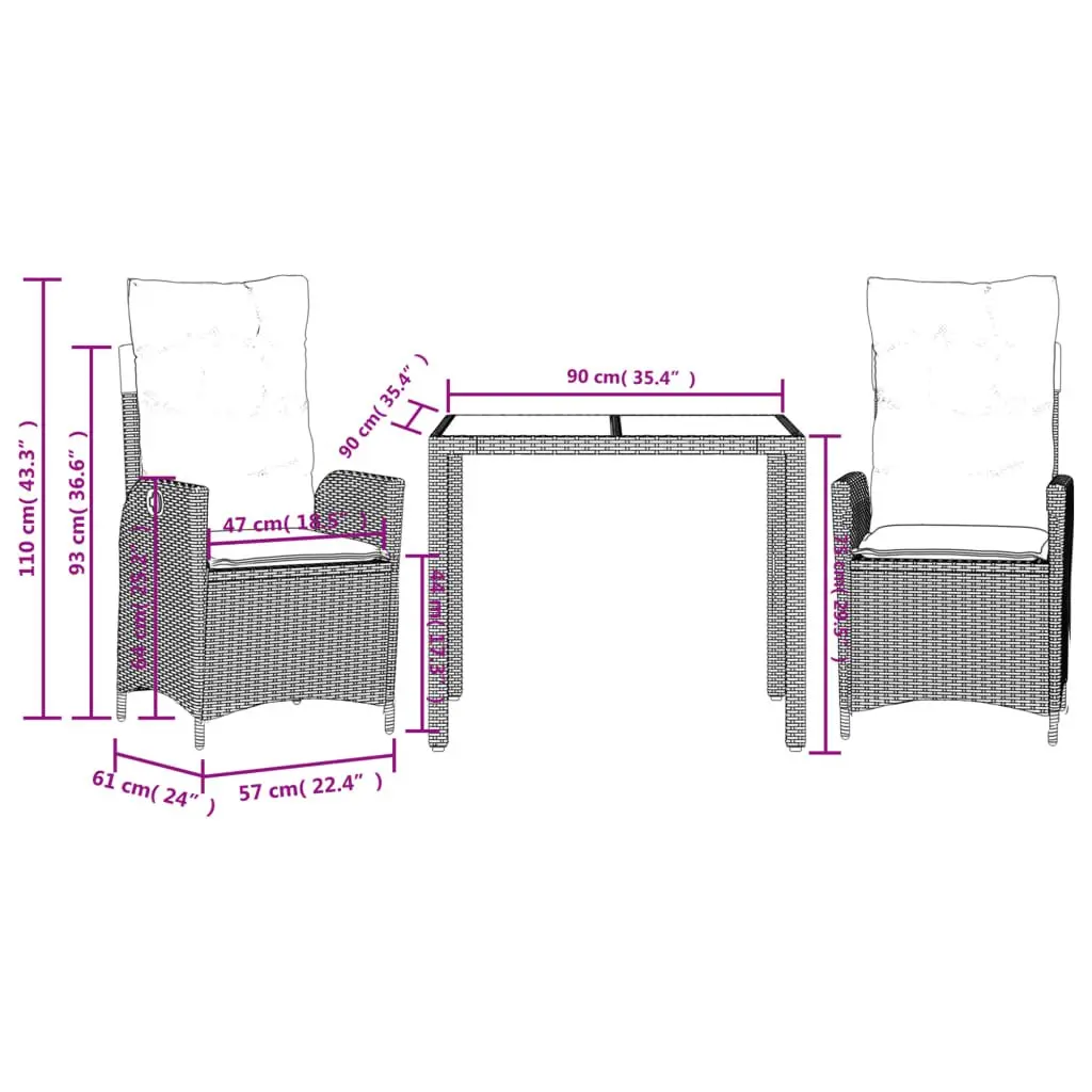 3 Piece PE Rattan Outdoor Dining Set in Black