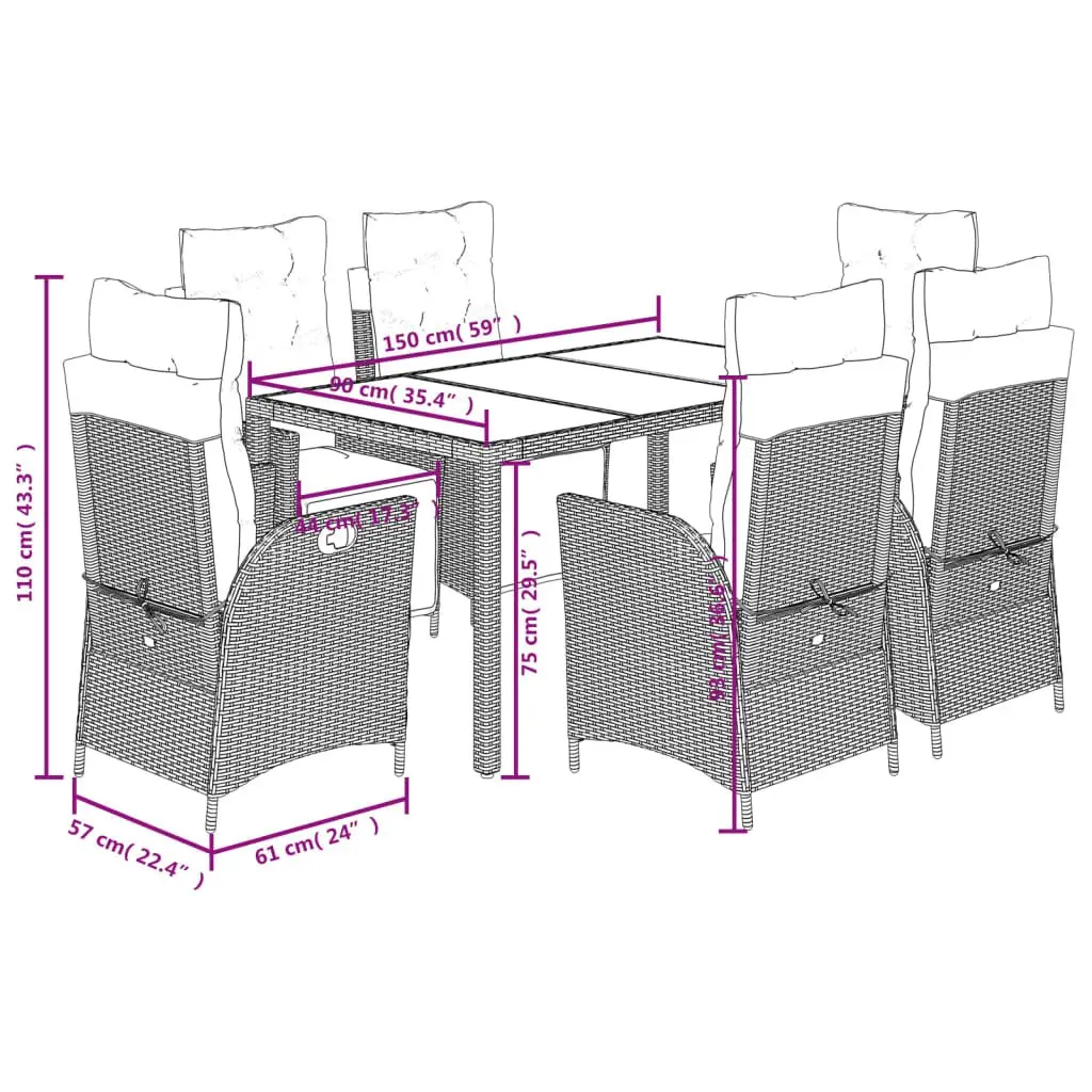 7 Piece Garden Dining Set PE Rattan Black Table with Tempered Glass Top and Adjustable Backrest Chairs with Padded Cushions