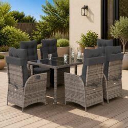 7-Piece Grey Poly Rattan Garden Dining Set with Cushions