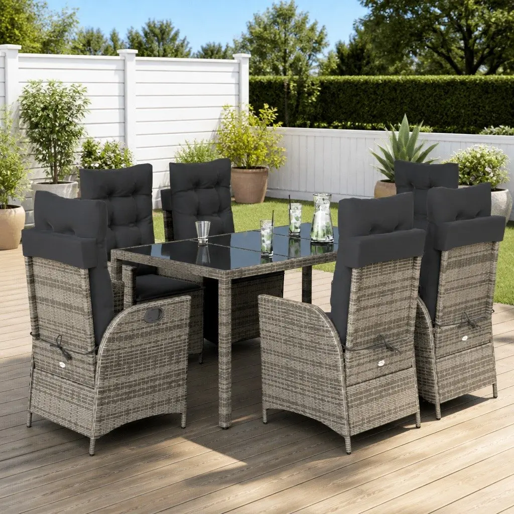 7 Piece Outdoor Dining Set PE Rattan Grey Garden Patio Furniture with Cushions